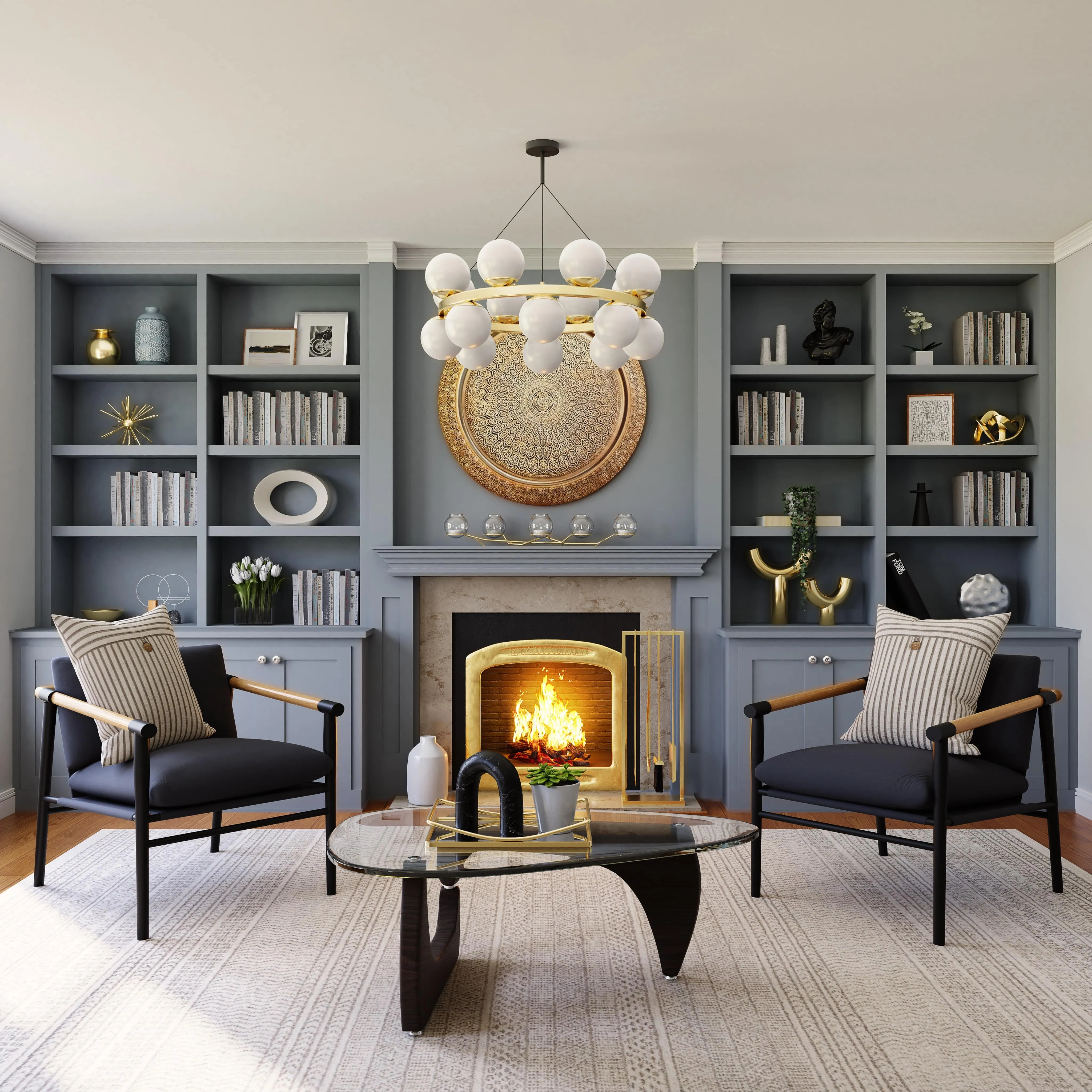 a photo of a modern home with a fireplace